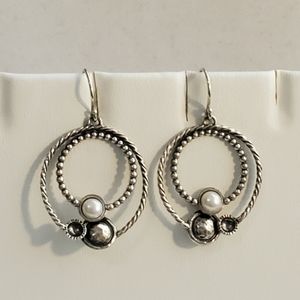 PZ Sterling Silver Drop Hoop Earrings with Bubble Pearls Textured Details